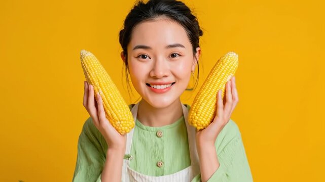 A cheerful young Asian woman holds two vibrant ears of golden corn, smiling broadly and looking directly at the camera against a bright yellow background. Her radiant expression conveys joy and a sens
