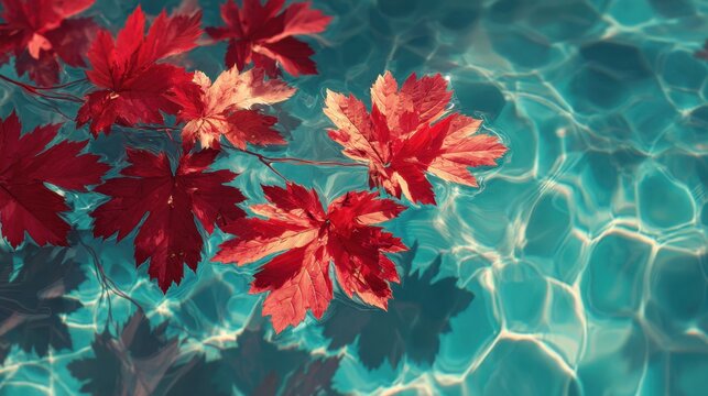 Red maple leaves float on teal water, creating ripples and shadows on a sunny autumn day, serene natural scene