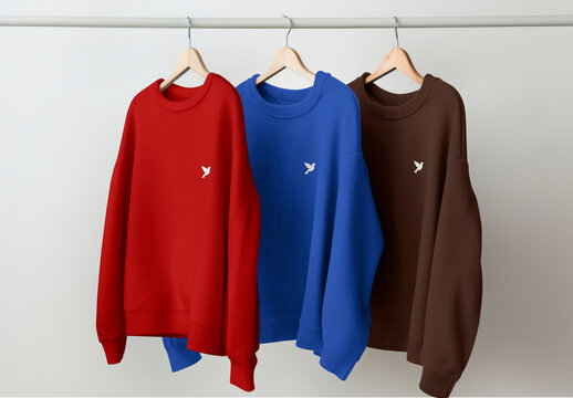 Colorful Sweaters Mockup On Hangers PSD