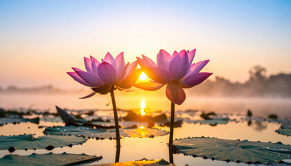 Pink lotus flower water sunrise reflection nature peaceful calm outdoor leaf morning light create tranquil scene with vibrant colors and serene atmosphere