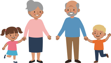 Cartoon grandparents holding hands with cheerful grandchildren, family bonding, age contrast, intergenerational connection, happy moment, vector illustration, togetherness