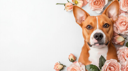 Dog flower rose pet animal cute portrait background pink white looking