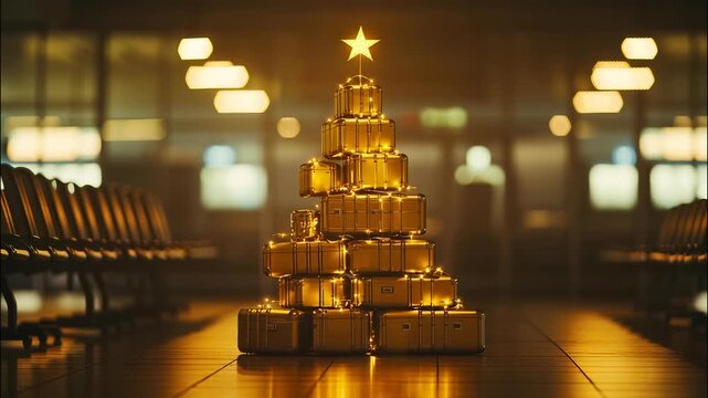 Golden luggage stacked forming festive christmas tree silhouette, star topped, standing in deserted airport terminal reflecting seasonal journey anticipation video 4k