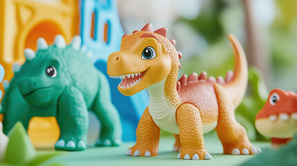Colorful dinosaur toy plastic figure smiling orange and green playful for children indoor educational fun detailed texture happy imaginative closeup preschool learning