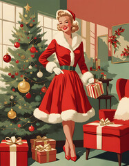Festive Christmas Woman in Santa Dress Holding Gift. Cozy Holiday Interior with Fireplace and Tree. Poster vintage background
