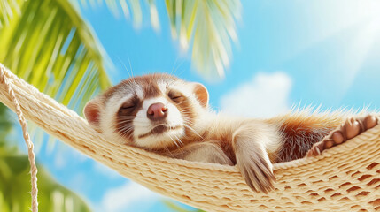 Raccoon animal hammock tropical palm summer relaxation cute sunlight vacation raccoon relaxes hammock palm leaves enjoying warm sunlight and tropical atmosphere creating peaceful vacation mood