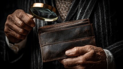 Close up of hands holding a vintage leather bound book with ornate details and a magnifying glass examining it