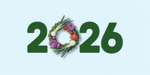 Green 2026 numbers with a healthy wreath of fresh vegetables and herbs in the center
