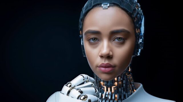 futuristic female android touching face with glowing cybernetic head components in advanced AI portrait captured in smooth controlled motion