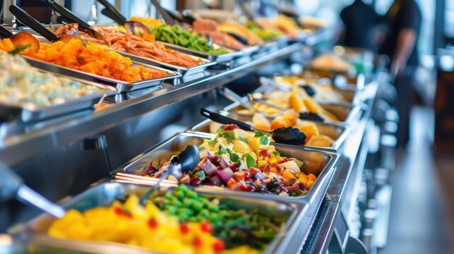 Buffet table with various hot and cold dishes including vegetables, meats, and salads in a restaurant setting.