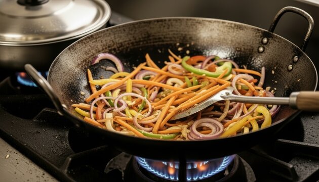 Colorful Vegetables Stir frying in a Wok on a Gas Stove - Powered by Adobe