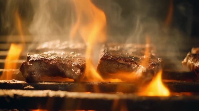 Succulent beef steaks sizzling on a hot barbecue grill, with bright orange flames searing the meat to perfection for celebrate New Year