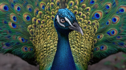 Fototapeta premium Detailed Portrait of Colorful Peacock Displaying Feathers Nature Avian Wildlife. Ai Generated Images