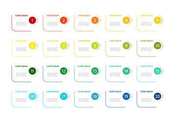 For business concept with 20 steps infographics, rectangle shape with multicolor label, design for workflow layout, diagram, annual report, web design. vector illustration