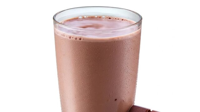 A clear, tall glass is filled to the brim with a rich, creamy chocolate-colored beverage, reminiscent of a delicious milkshake or cold chocolate milk, set against a pristine white background. The glas