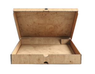 Opened empty wooden texture pizza box isolated on a clean white background, showcasing its recyclable packaging design for food delivery and takeaway meals