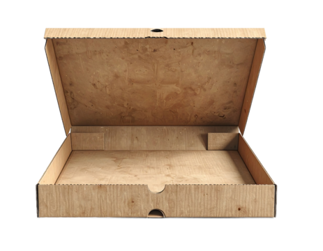 Opened empty wooden texture pizza box isolated on a clean white background, showcasing its recyclable packaging design for food delivery and takeaway meals - Powered by Adobe