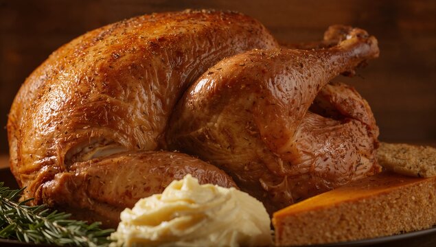 Close-Up of Traditional Thanksgiving Turkey and Side Dishes on Rustic Table	