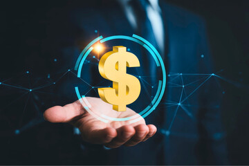 Golden dollar symbol floating above a hand with digital connections