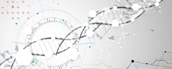 Futuristic hexagons, DNA strands, connected neural web