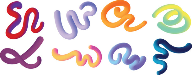 Eight abstract 3D fluid tube shapes with vibrant gradient colors vector