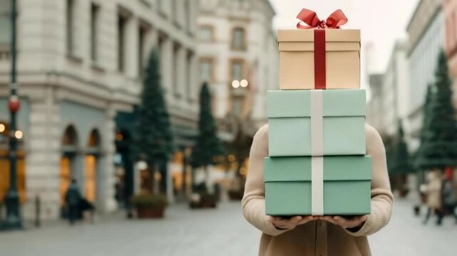 Eye-level shot of a person holding gift boxes in a festive street, perfect for holiday video.