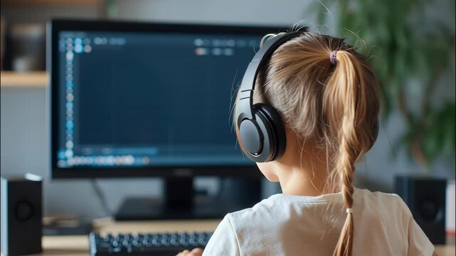 Female programmer coding intently, back turned, wearing headphones while working on software development project at computer video 4k