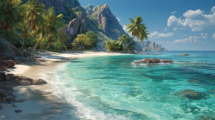 Beautiful morning at Anse Source d'Argent beach in the Seychelles with turquoise water, white sand, and lush green vegetation in a tropical setting