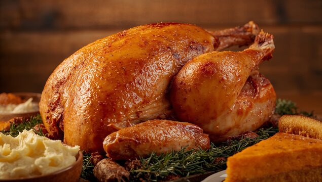 Close-Up of Traditional Thanksgiving Turkey and Side Dishes on Rustic Table	