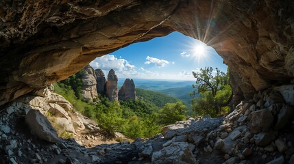 View from inside a dark cave opening onto a sunlit green valley with rock formations and blue sky