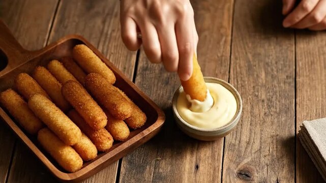 Hands someone dipping a golden fried snack stick into a creamy white sauce
