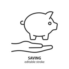 Hand holds a piggy bank line icon. Concept of saving money, investment, banking, and finance. Editable stroke for web design. Vector illustration.