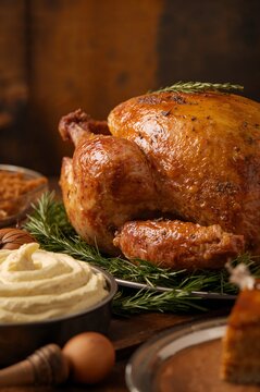 Close-Up of Traditional Thanksgiving Turkey and Side Dishes on Rustic Table	