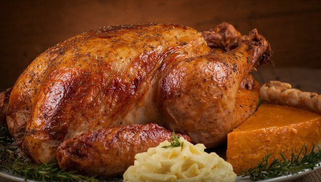 Close-Up of Traditional Thanksgiving Turkey and Side Dishes on Rustic Table	