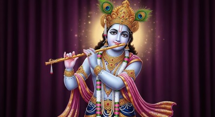 Fototapeta premium Lord krishna playing his flute with divine aura and peacock feathers