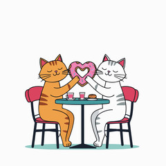 two cats sitting at a café table sharing a pink heart-shaped donut
