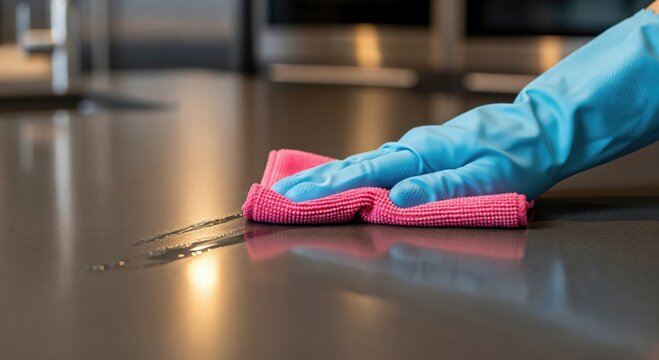 Close-up of a person's hand wearing a blue rubber glove wiping a dark kitchen counter with a pink microfiber cloth, cleaning up a spill