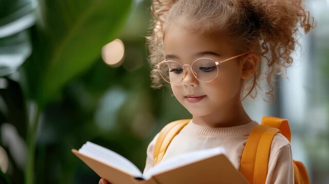 Cheerful schoolgirl wearing glasses, clutching book, carrying orange backpack, standing near blurred green foliage, embodying academic excitement