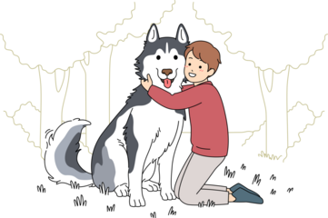 child embracing husky therapy companion during forest walk