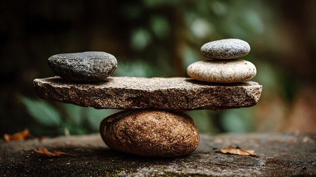 Nature s delicate balance stacked stones achieve equilibrium on a mossy surface
