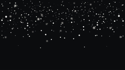 Snow overlay on rectangular black background. Snowfall. Falling snowflakes and grains, white, translucent, blurred. Winter template. Vector graphics