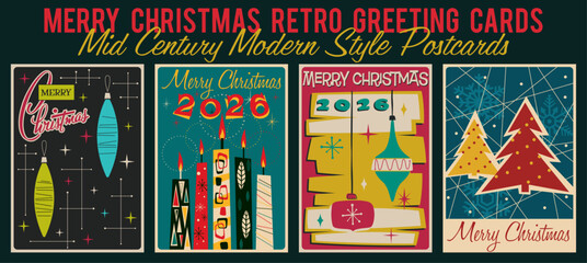 Mid Century Modern Christmas Greeting Cards, Atomic Age 1950s - 1960s Postcards, Merry Christmas Illustrations, Vintage Colors
