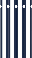 A close up of a curtain with navy blue and white stripes and white circles at the top edge design