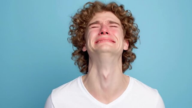 A close-up studio shot captures a visibly distressed young person deeply engrossed in a moment of intense sadness, crying with an upward gaze against a solid blue background. Tears stream down the fac