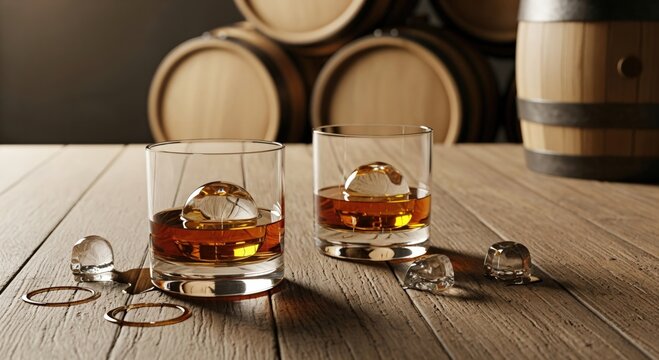 Artisan Whiskey Glasses with Ice and Barrel Background for Distinctive Home Bar Decor