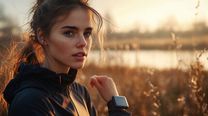 a woman checking her fitness smartwatch during a morning jog by the river