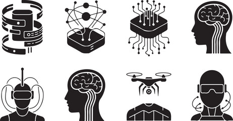 Black vector illustration set of skull and crossbones icons and silhouettes