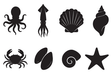 Collection of black silhouette icons featuring sea life and shells: octopus, squid, crab, scallop, conch, starfish, mollusk, mussels. Marine animal shapes. Underwater world. Biodiversity.