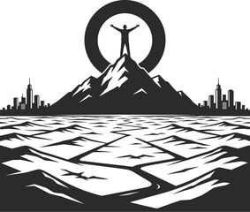 Silhouette person standing on mountain peak with arms outstretched