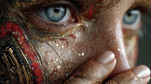 Extreme close-up of a woman's face with intricate metallic design and pale blue eyes, appearing like advanced artificial intelligence